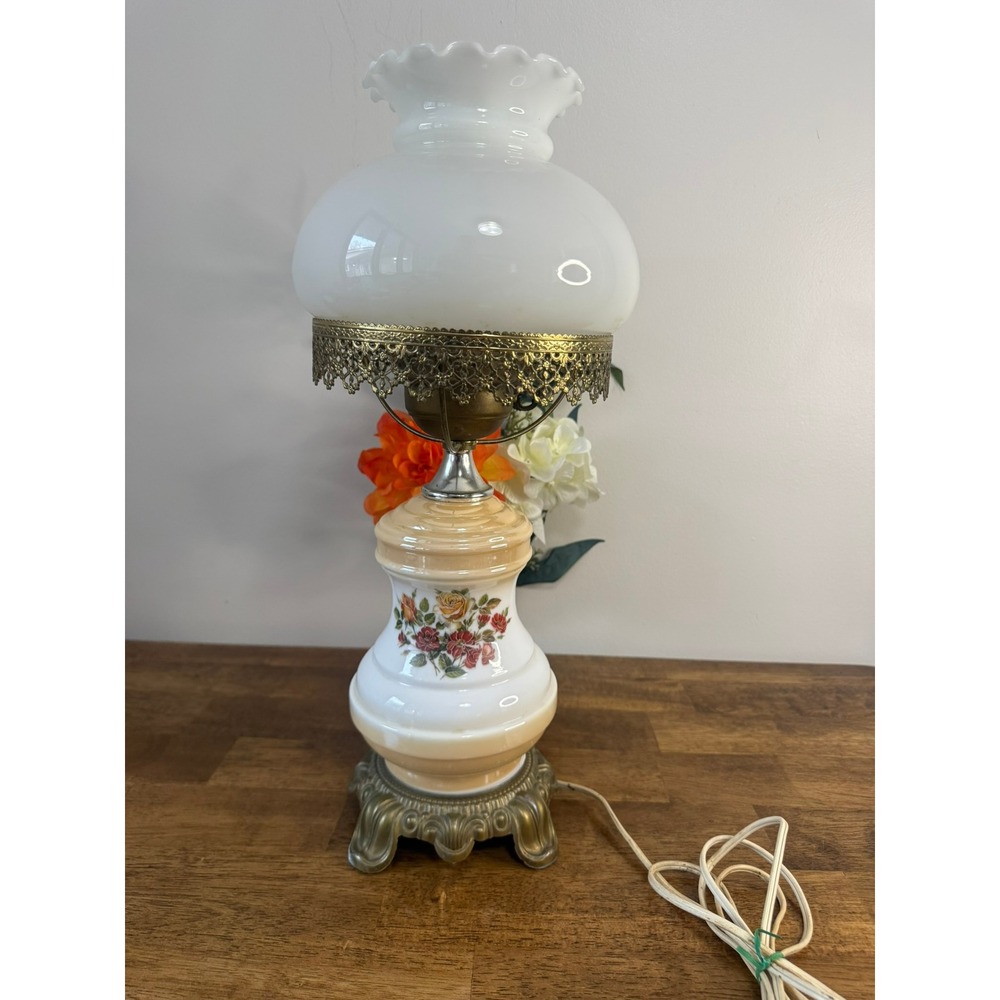 Vintage Milk Glass Hurricane Lamp Floral Electric Table Lamp Brass Cottage Decor